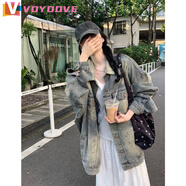 VOYDOVE高街美式復古水洗做舊牛仔外套女春秋寬松oversize中長(cháng)款夾克上衣 復古藍【z】 M 建議100-115