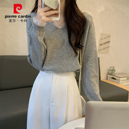 皮爾卡丹2025春秋季新款設(shè)計感蕾絲V領(lǐng)長袖針織衫女裝打底黑色上衣毛衣女 灰色 均碼 彈力均碼(建議70-120斤)