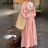 夏典素訂女王（SE.PSTP）粉色苧麻連衣裙2025早秋新款女裝大碼微胖m巨顯瘦穿搭裙子v領(lǐng)長(zhǎng)裙 西柚粉  XL