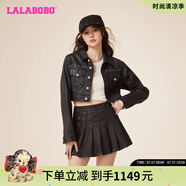 拉拉波波成夢(mèng)鑫同款LALABOBO新款翻領(lǐng)字母女時(shí)尚短款復(fù)古牛仔夾克機(jī)車(chē)外套 黑牛仔 常規(guī) L 