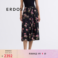 ERDOS【真絲雙縐】25春夏水彩銀蓮花中長款傘裙出游度假女半身裙 黑 L 170/72A
