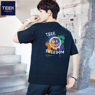 TEEK純棉短袖t恤男生休閑上衣服 青少年寬松潮流半袖體恤2025夏季男裝 KS1693黑色 L (寬松版型)
