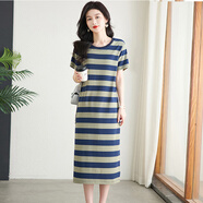 黎依奴2025年夏季新款顯瘦短袖橫條紋t恤裙時(shí)尚簡(jiǎn)約過(guò)膝裙子長(cháng)款連衣裙 綠青 S
