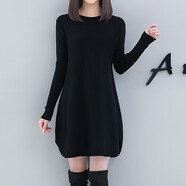 毛衣連衣裙女中長款韓版打底裙2024秋冬新款加厚針織毛衣裙打底衫 黑色 M