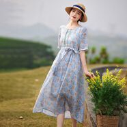 書與茶民族風(fēng)印花拼接寬松文藝范兒復(fù)古連衣裙2025夏季新款苧麻碎花裙女 碎花藍(lán) M