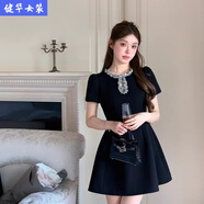 茵侈楊小卷 千金風(fēng)醋酸連衣裙女收腰 手工亮片 生日party禮服裙掐腰裙 黑色短袖 S