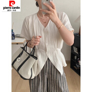 皮爾卡丹（pierre cardin）氣質(zhì)百搭V領(lǐng)系帶收腰棉麻短袖襯衫女夏季休閑小眾設計感亞麻上衣 白色 關(guān)注店鋪贈送優(yōu)惠券 M 95-105斤