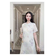 夏季復古斜襟系帶中式苧麻連衣裙寬松國風(fēng)文藝印花改良旗袍連衣裙 小葡萄 苧麻旗袍 S  80-95