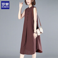 羅蒙（ROMON）棉麻連衣裙女?huà)寢屜募?025新款韓版寬松顯瘦百搭遮肚純色氣質(zhì)裙子 咖啡色 XL 建議115-125
