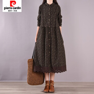 皮爾卡丹春秋新款復古田園風(fēng)碎花裙子休閑拼接中長(cháng)款顯瘦棉麻連衣裙 咖色 M 【建議95-115斤】