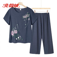 北極絨（Bejirog）薄款絲麻兩件套衣服夏季60老年媽媽休閑短袖女70太婆套裝80歲奶奶 168藏青色 XL (建議105斤內)