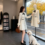 彈簧人（TANHUANGREN）韓國名媛風(fēng)針織毛衣連衣裙女秋冬感蝴蝶結收腰氣質(zhì)小個(gè)子短裙 杏色 S