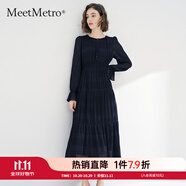 MeetMetro瑪依爾法式浪漫淑女連衣裙女2025秋新款優(yōu)雅氣質A字長裙 藏藍色【現貨】 L