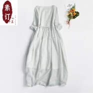 夏典素訂女王品牌2025森女刺繡苧麻大擺長袍系帶收腰短袖棉亞麻連衣裙舒適氣質(zhì) 淺綠色（少量現(xiàn)貨） M 【建議90-110斤】
