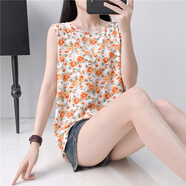 雅鹿棉綢背心女上衣女夏季新無袖顯瘦大碼吊帶衫洋氣碎花外穿打底小衫 杏底橙花百搭 XL 建議115斤-125斤