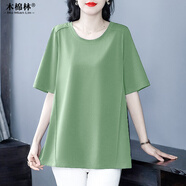 木棉林（mumianlin）大碼女裝棉圓領(lǐng)t恤上衣寬松遮肚 夏季新款胖媽媽洋氣短袖打底衫 果綠色 3XL (160-180斤)
