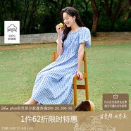 茵曼2025夏季女裝新款方領(lǐng)歐若風(fēng)純棉短袖連衣裙藍(lán)白格-W18528432 XL