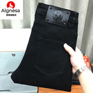 AIGNESA純黑九分牛仔褲男歐美直筒寬松百搭休閑黑色修身小腳褲男秋冬款 黑色 春秋季直筒寬松長褲 27