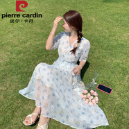 皮爾卡丹（pierre cardin）刺繡雪紡連衣裙子女裝2025夏季女長身裙茶歇法式顯瘦氣質(zhì) 天藍色 S 85-95斤