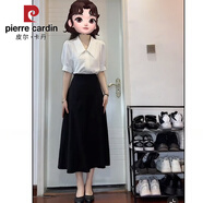 皮爾卡丹（PIERRE CARDIN）白色方領襯衫短袖女夏職業(yè)正裝教師穿搭公務員事業(yè)編面試套裝裙子 短袖襯衣+黑色裙子 S