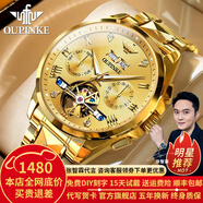 歐品客瑞士認(rèn)證品牌手表男機(jī)械表全自動(dòng)鏤空多功能男士手表夜光防水男表 歐品客-3186-鋼帶全金色
