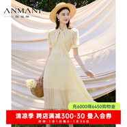 恩曼琳（ANMANI）23夏季新款法式優(yōu)雅蕾絲拼接連衣裙百褶長裙EANDBA34 檸檬水色 S