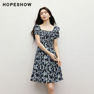 紅袖（hopeshow）【夏日花敘】100%棉碎花裙2025夏季新款女收腰小飛袖連衣裙 藏青花614 S