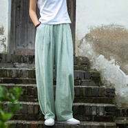 蘑菇同學(xué)大碼棉麻燈籠褲女夏季新款亞麻休閑褲高腰垂感寬松薄款闊腿太極褲 豆綠色 2XL 【建議130-145斤】