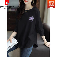 皮爾卡丹（pierre cardin）純棉長(cháng)袖t恤女2025新款遮肚子顯瘦上衣中長(cháng)款弧形下擺秋衣女外穿 黑色 L 【100一115斤】