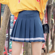 百褶裙女學(xué)生短裙2025夏秋冬新款松緊腰拉條紋裙文藝大擺裙半身裙 藏青色 XS