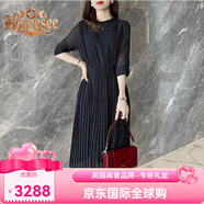 Homesee輕奢國(guó)際高檔品牌連衣裙歐洲站波點(diǎn)女收腰顯瘦氣質(zhì)百褶雪紡裙子 黑色 S 100斤左右