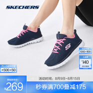 斯凱奇（Skechers）鞋運(yùn)動(dòng)鞋女款透氣跑步鞋媽媽鞋健步鞋輕便慢跑鞋子夏季 12615-NVPK  海軍藍(lán)色/粉紅色 36