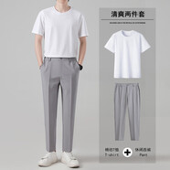 VDJTE短袖恤套裝夏季薄款男士穿搭一整套青少年冰絲闊腿休閑西褲一套 白色T恤淺灰長褲 S 100110斤