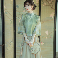 冉藝嵐同款新中式春夏禪意茶服女旗袍兩件套改良文藝中國風顯瘦民國風小 雪紡綠色上衣+雪紡棕色裙子 S 建議80-100斤