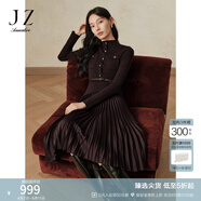 玖姿·安娜蔻秋冬曠野美拉德羊毛假兩件壓褶針織連衣裙女冬款 深咖啡-JTED31404 L