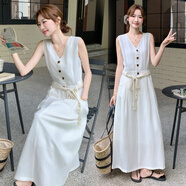 溫柔風V領無袖連衣裙女2025夏收腰顯瘦A字長裙SX3150 白色 M 90-105斤
