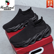 西域駱駝夏季男鞋子網(wǎng)布透氣防滑厚底增高一腳蹬飛織襪子休閑鞋特大碼4546 全黑-駱駝官方品牌旗艦 36