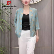 皮爾卡丹新中式國風盤扣薄外套女2025香云紗段印花百搭修身一?？坶_衫披肩 藍鈴花開衫 L 80-105斤