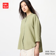 優(yōu)衣庫女裝麻混紡立領(lǐng)襯衫7分袖襯衣上衣空調衫薄外套475653 52 翠綠色 M /160/84A