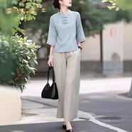 夏典素訂女王（SE.PSTP）流行原創(chuàng)品牌新款復(fù)古國(guó)風(fēng)立領(lǐng)盤(pán)扣刺繡上衣搭闊腿褲兩件套 藍(lán)色上衣+麻色褲子今年流行的輕 L (建議105-115斤 高品質(zhì))