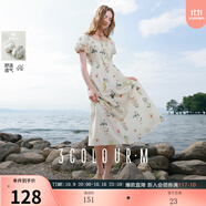 三彩【100棉】2025秋季新款法式方領(lǐng)連衣裙高腰A字大擺長裙M 米白色花卉 M 160/84A