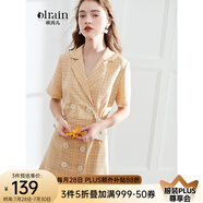 Olrain歐芮兒女裝格子連衣裙中長款西裝領(lǐng)雪紡女法式復(fù)古裙赫本風(fēng)桔梗裙 黃格 S 155/80A