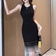 UKMR2025夏季新款無(wú)袖連衣裙女薄款法式韓版針織衫連衣裙背心中長(cháng)裙 黑色 M 95-110斤