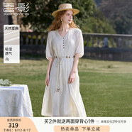 香影度假風波西米亞白色連衣裙女2025夏裝新款含亞麻收腰v領裙子 米白 M 160/84A/95-110斤