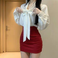 法舒琳純欲氣質(zhì)白色套裝女緞面垂感飄帶夏季高腰修身包臀裙套裝 白色襯衣+紅色高腰包臀裙 L 建議106-116斤