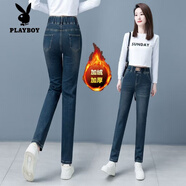 花花公子（PLAYBOY）松緊高腰中年牛仔褲女2025年新款夏季薄款彈力修身顯瘦小腳鉛筆褲 803松緊腰加絨復(fù)古藍(lán)牛仔長 加厚 S 27碼90-100斤穿