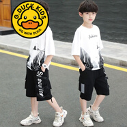G.DUCKKIDS品牌童裝男童短袖套裝夏裝潮洋氣中大兒童衣服兩件套男孩運動套裝 白色路燈 上衣+褲子 150 建議身高135-145CM
