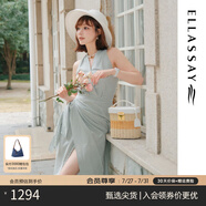 歌力思（ELLASSAY）【博主同款】25夏季新款棉抽褶不規則條紋修身顯瘦無(wú)袖連衣裙女 綠條紋 M