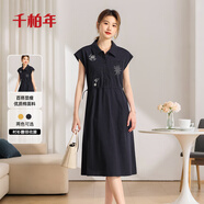 千柏年夏秋新款舒適透氣亞麻連衣裙女精美刺繡翻領(lǐng)短袖收腰中長(cháng)裙青L