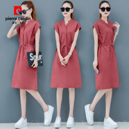 皮爾卡丹（pierre cardin）棉麻中長(zhǎng)連衣裙女夏收腰顯瘦氣質(zhì)純色長(zhǎng)裙新款短袖V領(lǐng)亞麻潮 磚紅 M 【建議105斤以下】